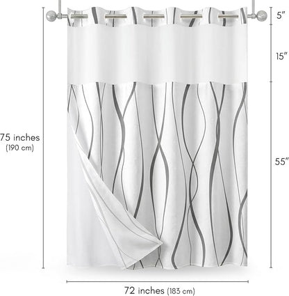 Americanflat 72x75 Hookless Shower Curtain - Water-Resistant Soft Waves Shower Curtain with Sheer Panel, Snap-in Liner, and Durable Grommets - 100% Polyester - Black and White