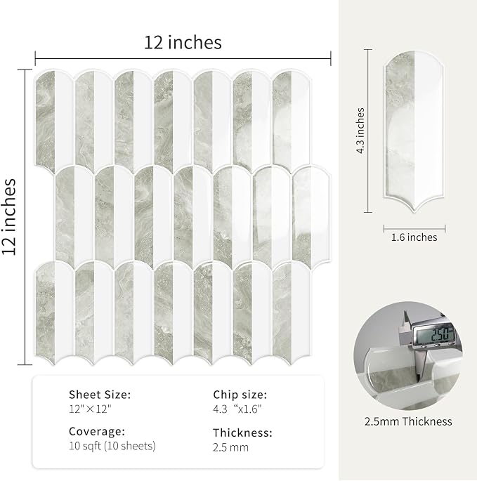 10-Sheet Upgraded Thicker Peel and Stick Kitchen Backsplash Tiles | Waterproof Self-Adhesive Vinyl Wall Tile Stick on Backsplash for Kitchen,Bathroom,Fireplace and RV(Beige,12"×12")