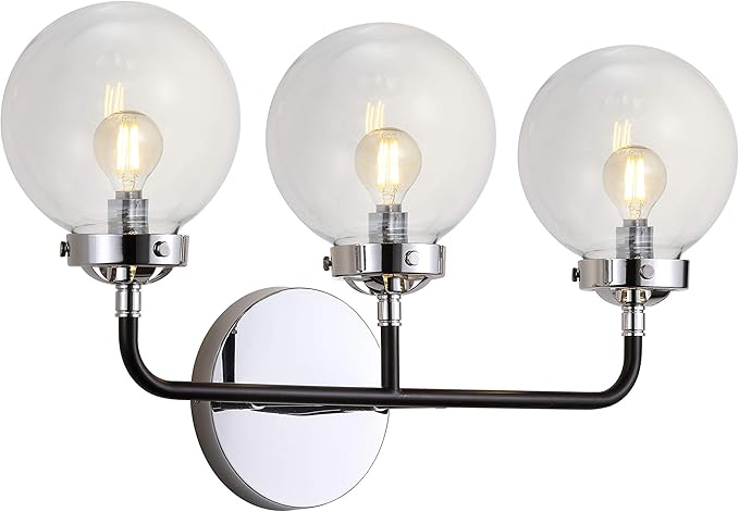 JONATHAN Y 22" Chrome/Black 3-Light LED Wall Sconce Vanity Lighting, Clear Glass Globe Shade Modern Contemporary Sconce for Bathroom Mirror, Hallway, UL Listed (JYL9058A)