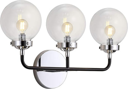 JONATHAN Y 22" Chrome/Black 3-Light LED Wall Sconce Vanity Lighting, Clear Glass Globe Shade Modern Contemporary Sconce for Bathroom Mirror, Hallway, UL Listed (JYL9058A)