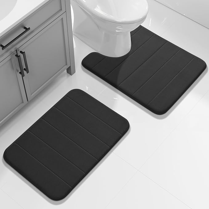 Yimobra Memory Foam Toilet Bath Mat U-Shaped, Soft and Comfortable, Super Water Absorption, Non-Slip, Thick, Machine Wash and Easier to Dry for Bathroom Commode Contour Rug, 24 X 20 Inches, Black