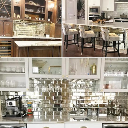 Peel and Stick Antique Mirror Backsplash Tiles 3x6 Inch, 5 Sq.ft | Beveled Smoked Mirrored Glass Subway Tile for Kitchen Bar Bathroom Accent TV Wall Tile