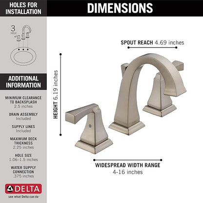 Delta Dryden Brushed Nickel Bathroom Faucet 3 Hole, 8 Inch Widespread Bathroom Sink Faucet for Vanity, Metal Push-Pop Drain Assembly, SpotShield Stainless 3551-SPMPU-DST