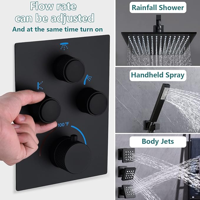 Rain Shower System,12 Inch Wall Mounted Rain Shower Head with Body Jets and Handheld Shower, Push Button Thermostatic Shower Faucet Set, Can Use all Options at a Time, Matte Black