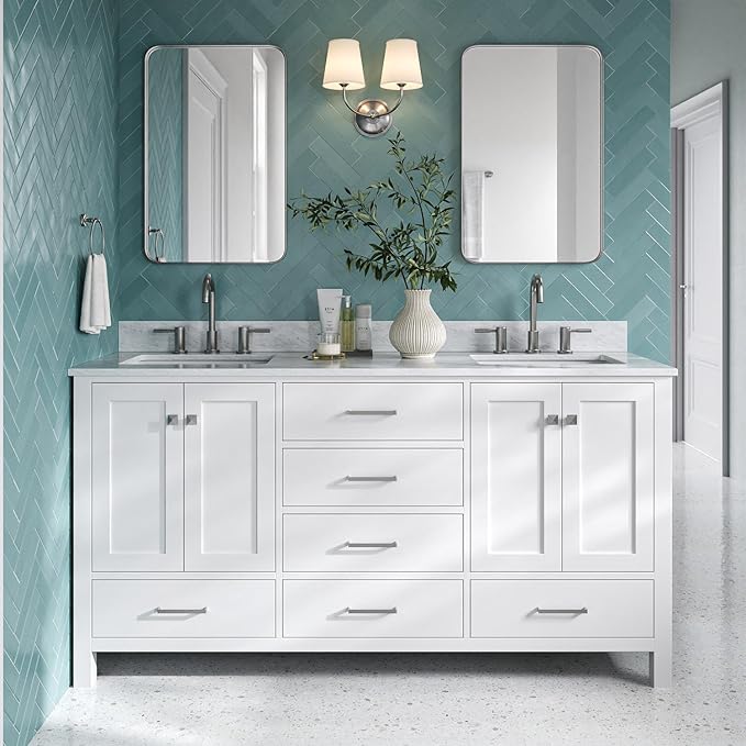DKB Beckford 67-Inch White Double Bathroom Vanity, Italian Carrara Marble Countertop & Backsplash, 2 Rectangular Undermount Sinks, 4 Soft Closing Doors, 6 Dovetail Drawers, Brushed Nickel Hardware