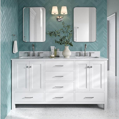 DKB Beckford 67-Inch White Double Bathroom Vanity, Italian Carrara Marble Countertop & Backsplash, 2 Rectangular Undermount Sinks, 4 Soft Closing Doors, 6 Dovetail Drawers, Brushed Nickel Hardware