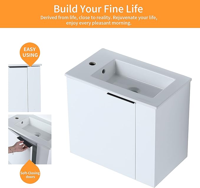 22" Floating Bathroom Vanity with Sink, Wall Mounted for Small Bathrooms, Soft-Close Door Cabinet with White Ceramic Basin & Waterproof Plywood, Modern Space Saving Vanity for Apartment