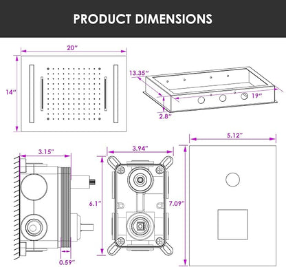 Matte Black LED Spa Shower System Rainfall Waterfall with Handheld | 20x14-Inch Luxury 2 Modes Showerhead with Ligh t Remote Control, 3 Way Mixer Valve