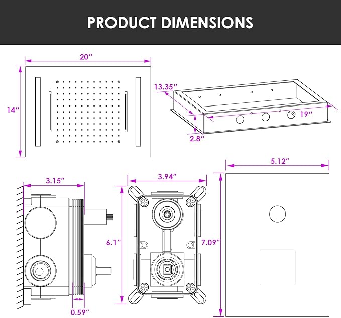 LED Spa Shower System Rainfall Waterfall with Handheld, Brushed Gold | 20x14-Inch Luxury 2 Modes Showerhead with Ligh t Remote Control, 3 Way Mixer Valve