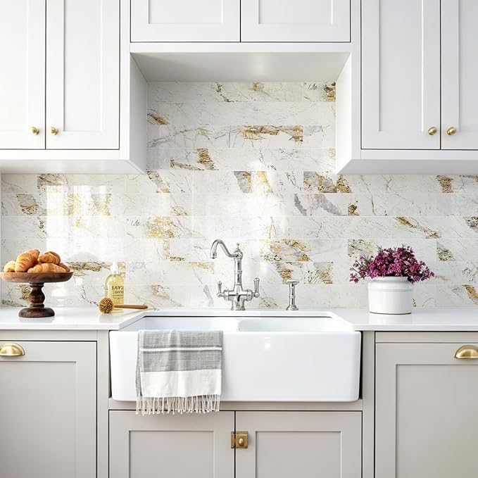 Vamos Tile Peel and Stick Backsplash, Glossy 40-Piece 3''x12'' Subway Tile | Pandora Marble with White Grout Wall Tile,PVC Faux Stone Stick on Subway Tiles for Kitchen,Bathroom,Laundry,Camper,Fireplace