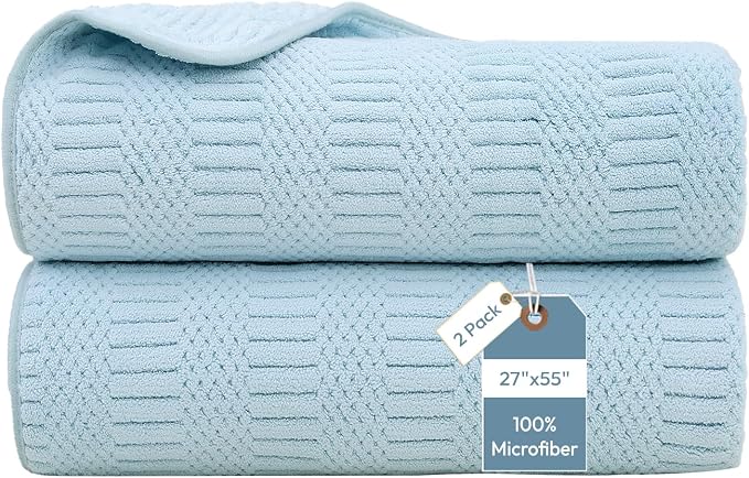 JML Microfiber Bath Towels, 2 Pack, 27x55 in, Light Blue | Soft, Super Absorbent, Quick Dry, Lint-Free, Lightweight Bathroom Towel with Hanging Loop for Daily Use