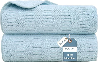 JML Microfiber Bath Towels, 2 Pack, 27x55 in, Light Blue | Soft, Super Absorbent, Quick Dry, Lint-Free, Lightweight Bathroom Towel with Hanging Loop for Daily Use