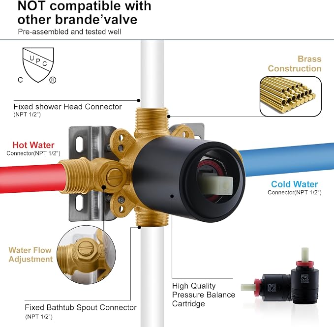 KENES Shower Set with Tub Faucet, Matte Black Tub and Shower Trim Kit | Shower Faucet with 6-Inch Rain Shower Head, Square Shower System, Valve Included, Lead-Free cUPC & NSF Certified, Stainless