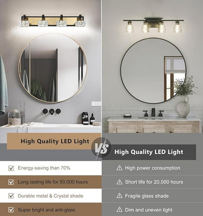 4 Light Bathroom Vanity Light, Dimmable Crystal Modern Bathroom Light Fixtures Over Mirror, Gold and Black Modern Vanity Light, Elegant Water Ripple Wall Sconce Lights