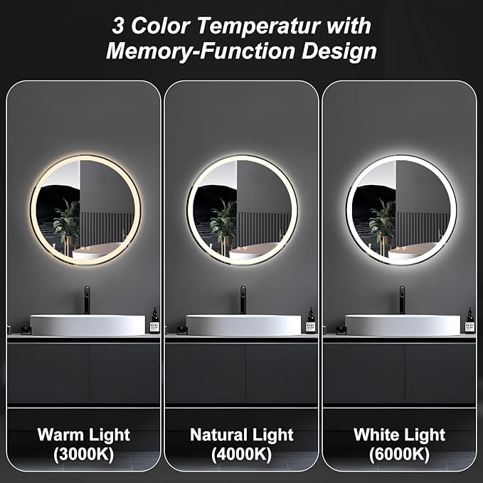 DUMOS 24 Inch Round LED Bathroom Mirror with Lights, Circle Vanity Mirror with Anti-Fog, Dimmable, 3-Color Light, Memory Function, Tempered Glass