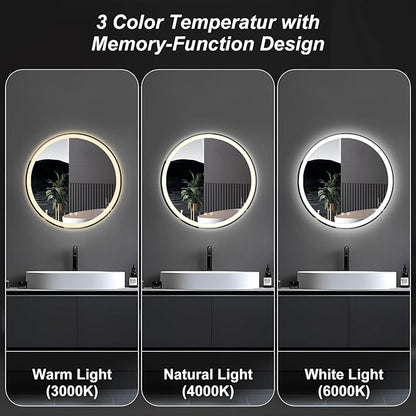 DUMOS 24 Inch Round LED Bathroom Mirror with Lights, Circle Vanity Mirror with Anti-Fog, Dimmable, 3-Color Light, Memory Function, Tempered Glass