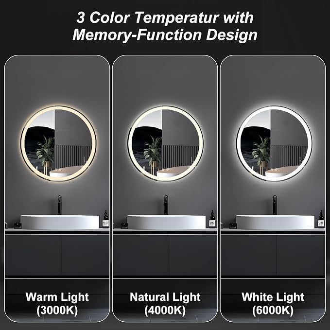 NEWBULIG 24'' Round LED Bathroom Mirror with Lights, Circle Vanity Mirror | Anti-Fog, Dimmable, 3-Color Light, Front Light and Backlit, Memory Function, Tempered Glass