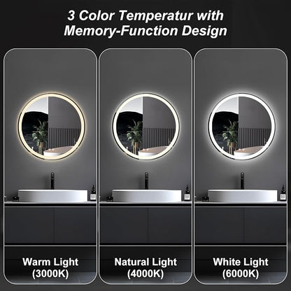 NEWBULIG 24'' Round LED Bathroom Mirror with Lights, Circle Vanity Mirror | Anti-Fog, Dimmable, 3-Color Light, Front Light and Backlit, Memory Function, Tempered Glass
