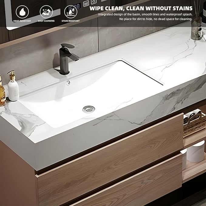 Double Sink Bathroom Vanities, 88IN Bathroom Vanity Cabinet Include LED Smart Defogging Mirror and Open Shelf, Solid Wood Bathroom Sink Vanity with Integrated Sink and Drawers Storage (Wood)