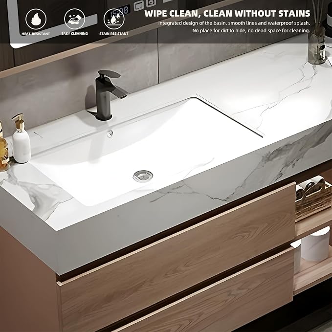 Double Sink Bathroom Vanities, 68IN Bathroom Vanity Cabinet Include LED Smart Defogging Mirror and Open Shelf, Solid Wood Bathroom Sink Vanity with Integrated Sink and Drawers Storage (Wood)
