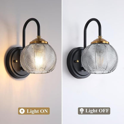 Mecgirn Bathroom Vanity Light Fixtures, 1-Light Smoky Gray Glass Shade, Modern Black and Gold Wall Sconce, Unique Textured Leaf Pattern, Ceramic E26 Sockets Wall Mounted for Mirror, Cabinet, Hallway