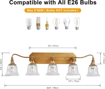 Bathroom Vanity Gold Light Fixture, 5 Lights Bathroom Lighting Matte Antique Brass Finish with Crystal Glass Shade, Gold Vintage Vanity Light for Bathrooms