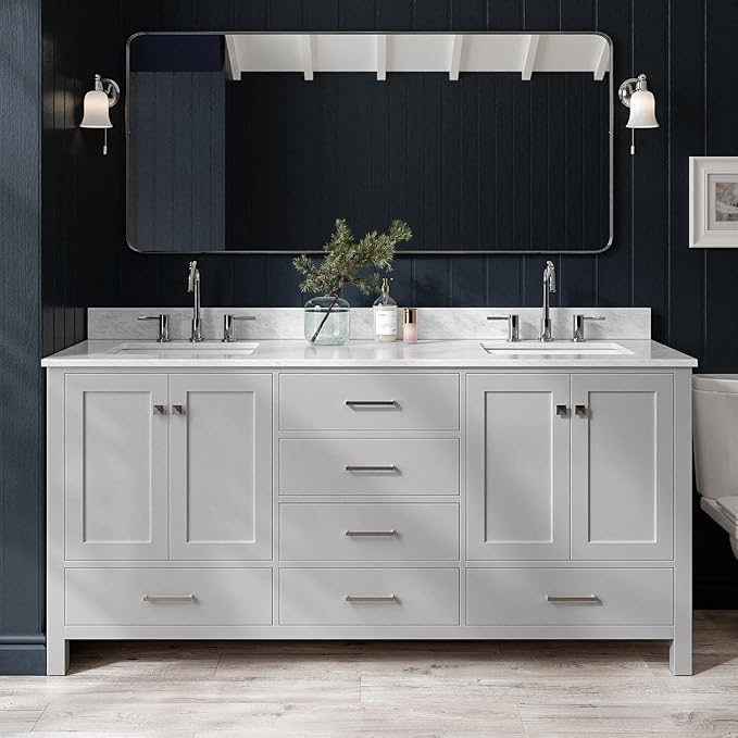 ARIEL Cambridge 72-inch Bathroom Vanity with Sink,Solid Wood, 0.75-inch Italian Carrara Marble Countertop, Double Rectangular Porcelain Sink, 4 Soft Closing Doors, 6 Dovetail Drawers, Grey