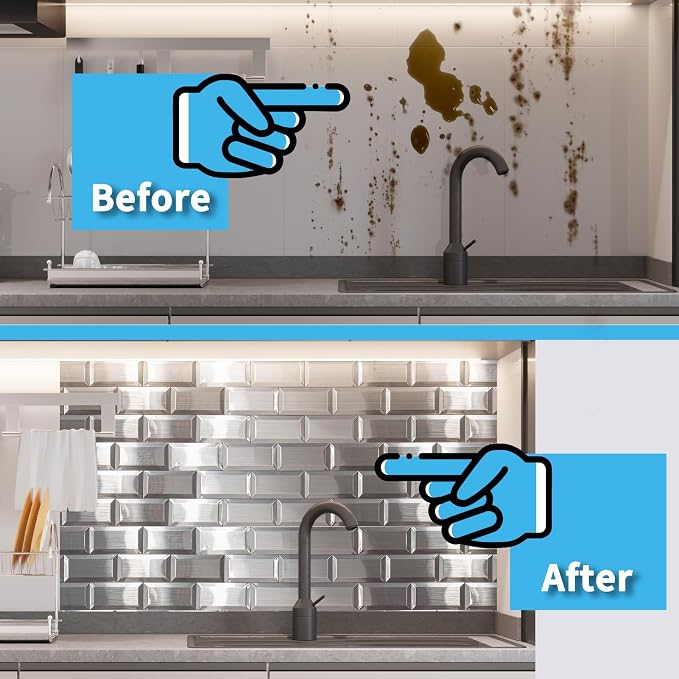 Art3d 100 Pcs Peel and Stick Backsplash Tiles, 3D Textured Metal Stick On Subway Wall Tiles for Kitchen Back Splashes, Bathroom, Laundry Room, 3 x 6 Inch, Stainless (Pack of 2)