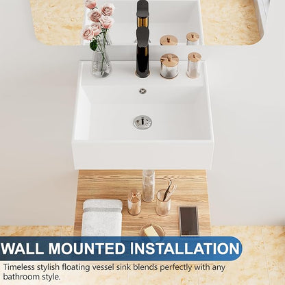 Floating Bathroom Vessel Sink Wall Mount, Hugsleek 16 x 13 inch Rectangle White Porcelain Ceramic Vessel Sink Wall Mounted Hang Bath Sink Bowl Basin Lavatory Vanity Restroom With Faucet Hole Overflow