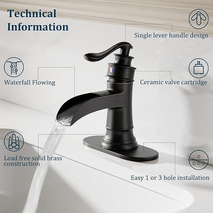 Oil Rubbed Bronze Waterfall Bathroom Faucet, Single Handle Bathroom Sink Faucet 1 Hole or 3 Hole, Vanity Sink Faucet for Vintage Antique Lavatory Washroom with Pop Up Drain, Deck, 2 Hoses