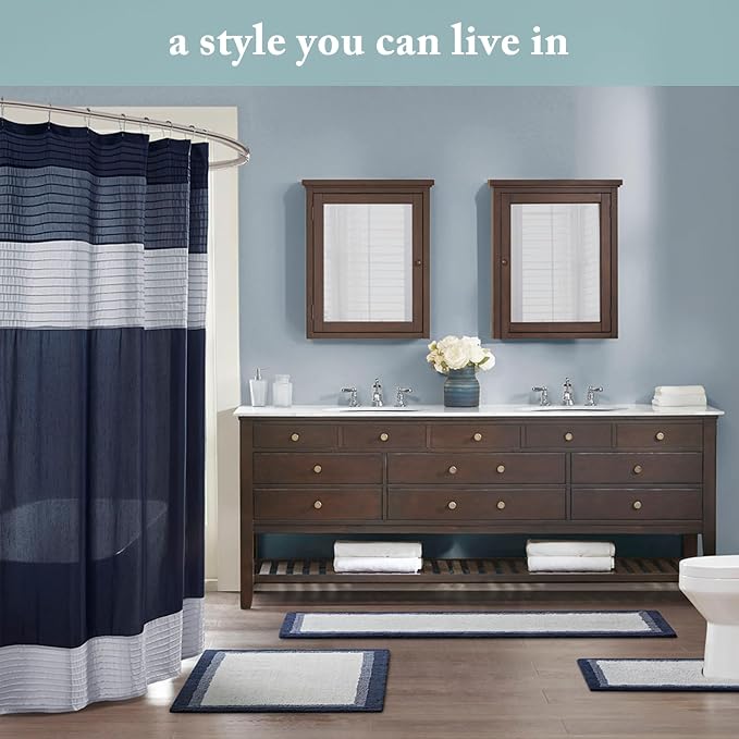 Madison Park Amherst Bathroom Shower Curtain Faux Silk Pieced Striped Modern Microfiber Bath Curtains, 72x72" Inches, Blue | Modern Classic, Light Sheen, Pieced, Striped, Microfiber, Machine Washable, OEKO-TEX Certified, Amherst
