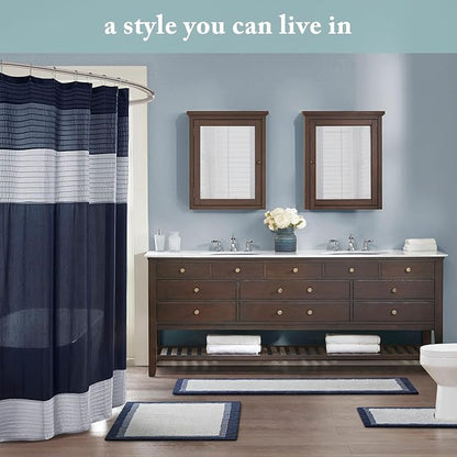 Madison Park Amherst Bathroom Shower Curtain Faux Silk Pieced Striped Modern Microfiber Bath Curtains, 72x72" Inches, Blue | Modern Classic, Light Sheen, Pieced, Striped, Microfiber, Machine Washable, OEKO-TEX Certified, Amherst