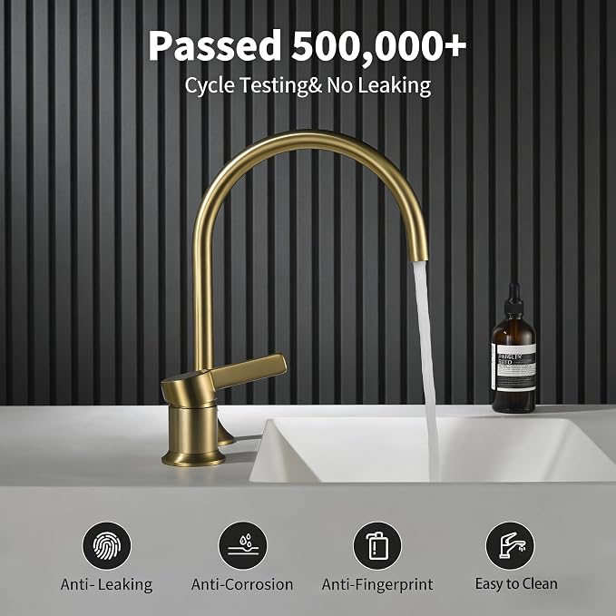 Bathroom Faucets Brushed Gold,Single Handle Brass Widespread Basin Faucet for Sink,High Arc Bathroom Sink Faucet 2 Hole,Vanity Vessel Sink Faucet Mixer Tap