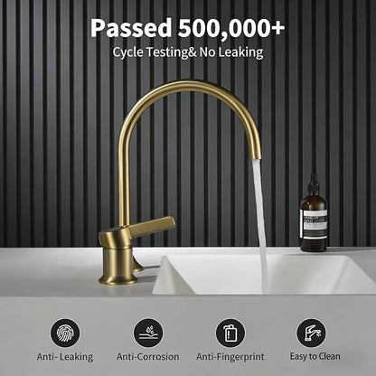 Bathroom Faucets Brushed Gold,Single Handle Brass Widespread Basin Faucet for Sink,High Arc Bathroom Sink Faucet 2 Hole,Vanity Vessel Sink Faucet Mixer Tap