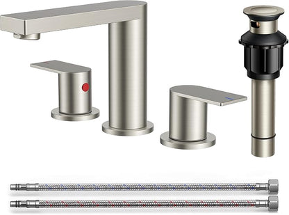 FORIOUS 8 Inch Bathroom Faucet 3 Hole, 2 Handles for Vanity Brushed Nickel | 2 Handles Bathroom Sink Faucet with Pop-up Drain and 24" cUPC Lines, Fits 6-12 Inch 3 Hole Install, for RV Laundry Sink
