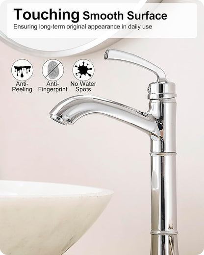 Tall Vessel Sink Faucet, Brass Bathroom Vessel Faucet, One Hole, Single Handle with Pop-Up Drain & Supply Water Hoses, No Leaks, Chrome