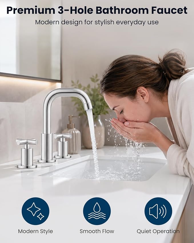 gotonovo Widespread 8 inch 3 Hole Bathroom Sink Faucet Polished Chrome | 2 Cross Handle Bathroom Faucet,SUS304,360° Swivel Spout,24’’ cUPC Hose,Pop Up Drain,6-16’’ Vanity,Sink,Lavatory,Basin,RV