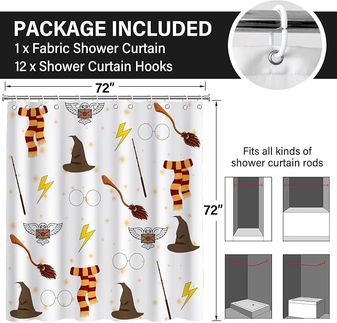 Witchy Preppy Wizard Magic Shower Curtain Kids Fantasy Set 72x72 Inches | Wizard Hat Broom Owl Scarf Magic Print, Kids Bedroom Dorm Guest Housewarming Fantasy Lover Bath Decor, With Hooks