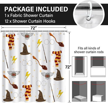 Witchy Preppy Wizard Magic Shower Curtain Kids Fantasy Set 72x72 Inches | Wizard Hat Broom Owl Scarf Magic Print, Kids Bedroom Dorm Guest Housewarming Fantasy Lover Bath Decor, With Hooks