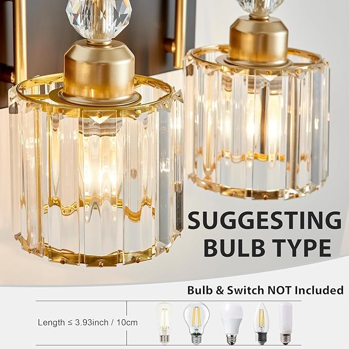 Bathroom Vanity Light Fixtures Over Mirror, Makeup Lighting for Modern Wall, Bath, Desk, Hallway, Farmhouse, 3 Crystal Lights, Black Gold