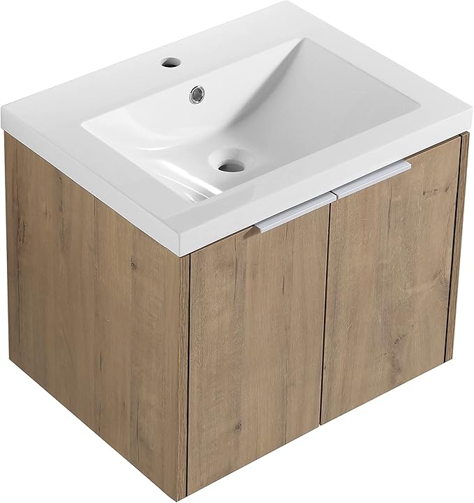 SSLine 36-Inch Single Bathroom Vanity Modern Wall Mounted Bathroom Vanity with Sink 36" Small Floating Bathroom Vanities Set with White Open Storage Shelf & 1 Side Cabinet,Brown White