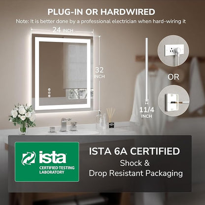 LED Bathroom Mirror 24x32 Inch | Tempered Glass - Frameless Backlit Lighted Mirror for Bathroom Vanity with Anti-Fog, 3 Colors Dimmable, Memory Function,