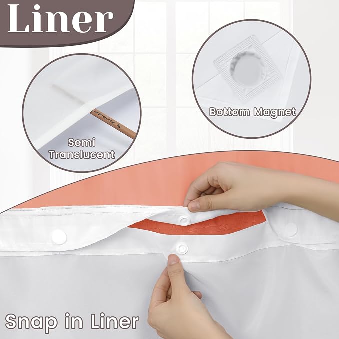 SORTTO No Hook Slub Shower Curtain with Liner, 71x74, Coral | Snap in Liner, 3 in 1, Bamboo Texture, Hotel Style, Waterproof Fabric, Mesh Top Window, Corner Magnets, Machine Washable