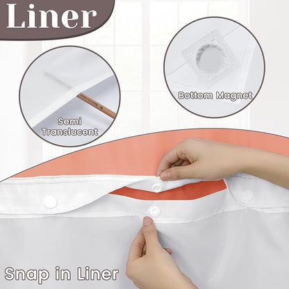 SORTTO No Hook Slub Shower Curtain with Liner, 71x74, Coral | Snap in Liner, 3 in 1, Bamboo Texture, Hotel Style, Waterproof Fabric, Mesh Top Window, Corner Magnets, Machine Washable