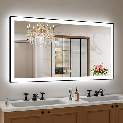 55"x30" LED Bathroom Mirror, Frontlit&Backlit, Controlled Separately | Black Metal Frame, Stepless Dimmable, Anti-Fog, HD Reflection, Shatter-Proof, 3 Colors Lighting, Memory, UL Listed