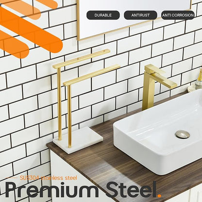 Hand Towel Bars for Bathroom Vanity Countertop 2-Tier Towel Rack Holders Stand with Heavy Marble Base Thicken Steady, Brushed Gold Stainless Steel AN7003GD