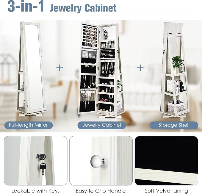 360° Rotating Jewelry Armoire, Freestanding Jewelry Cabinet with Inside Makeup Mirror, 2-in-1 Lockable Jewelry Organizer w/Full-Length Mirror for Women (Grayish White)