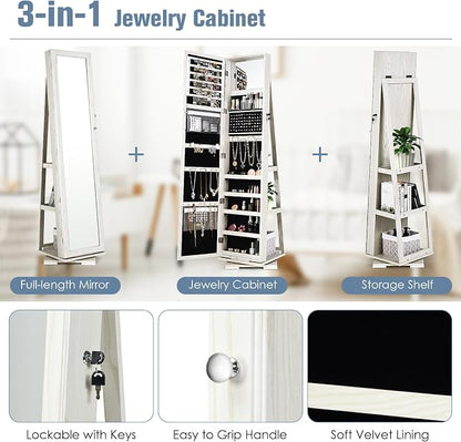 360° Rotating Jewelry Armoire, Freestanding Jewelry Cabinet with Inside Makeup Mirror, 2-in-1 Lockable Jewelry Organizer w/Full-Length Mirror for Women (Grayish White)