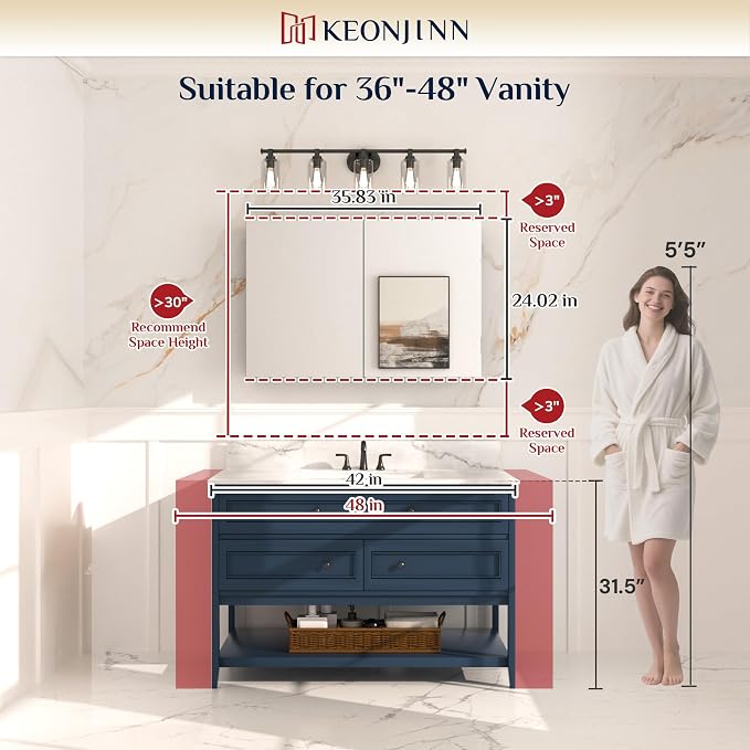 Keonjinn 36x24 in Black Medicine Cabinet for Bathroom with Mirror, HD Glass | Lightweight Aluminum Structure, Assembly Required, in Wall or Wall Mount, Free Adjustable Shelves, Safe Tempered Glass