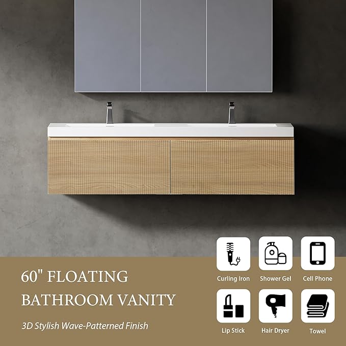 VUMALL60'' Modern Floating Bathroom Vanity Sink Combo, Wall-Mounted Striped Cabinet, Soft-Close Drawer, Glossy White Basin, Compact Elegant Storage-Natural Oak